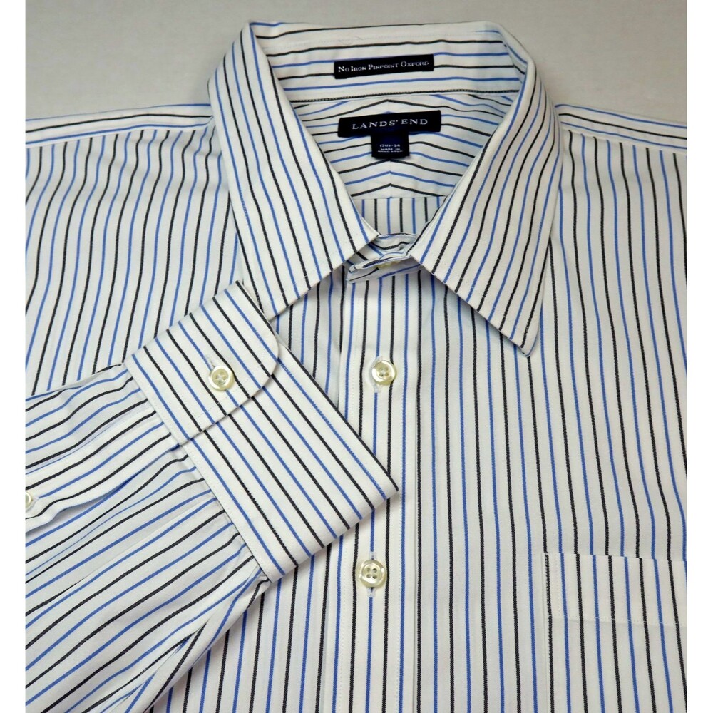 Lands' End Pinpoint Oxford Shirt Mens 17.5X34 Long Sleeve No Iron Striped Cotton